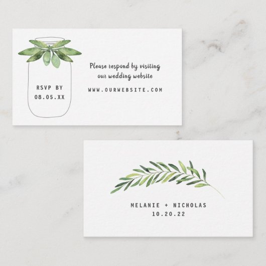 Greenery Mason Jar rsvpウェブサイトカード エンクロージャーカード (正面/裏面)