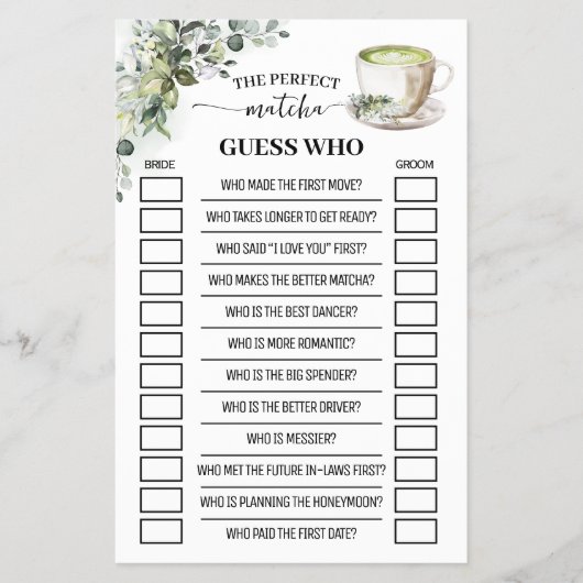 Greenery Matcha Guess Who Bridal Shower Game Card チラシ (正面)