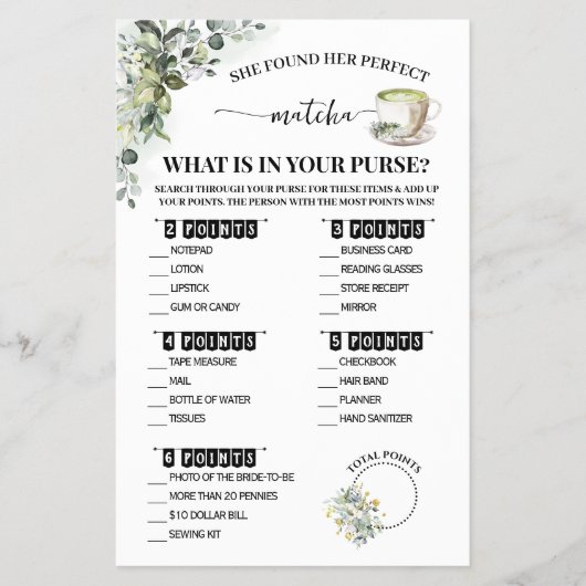 Greenery Matcha What is in Purse Shower Game Card チラシ (正面)