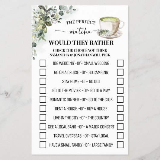 Greenery Matcha Would They Rather Shower Game Card チラシ (正面)