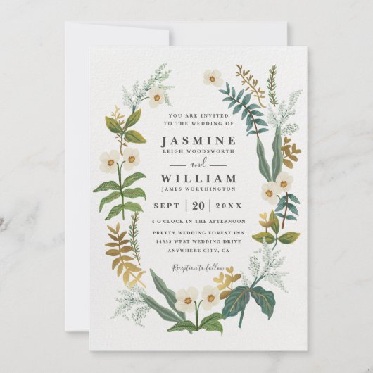 Greenery Meadow Garlan Floral QR Code Wedding 招待状 (正面)