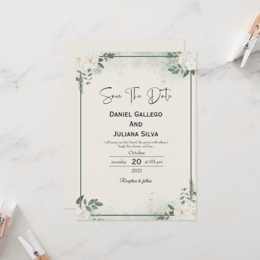 Greenery Modern Save The Date Invitation 招待状 (正面/裏面インサイチュ)