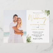 Greenery Monogram素朴写真の結婚金ゴールド 箔招待状 (正面)