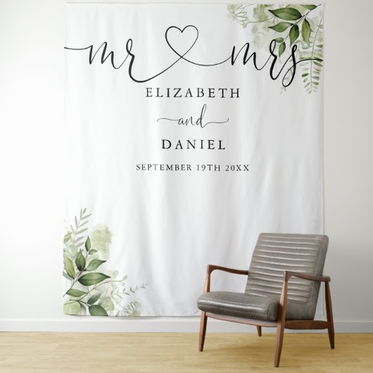Greenery Mr Mrs Scriptの写真結婚背景 タペストリー (インサイチュ)