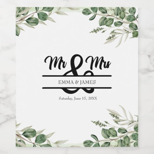 Greenery Mr & Mrs Wedding Wine Label ワインラベル (シングルラベル)