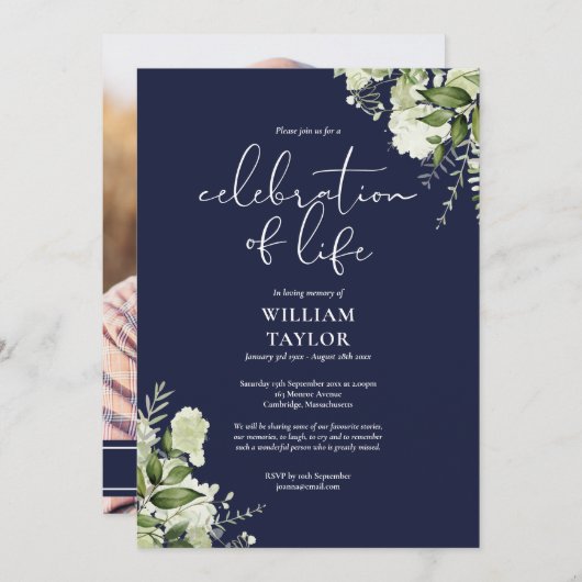 Greenery Navy Blue Celebration of Life Photo 招待状 (正面/裏面)