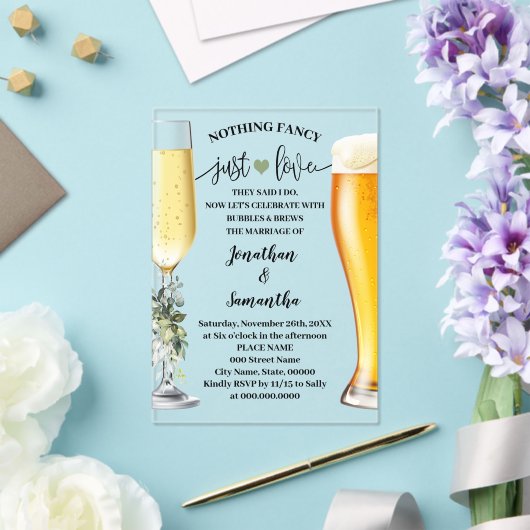 Greenery Nothing Fancy Just Love Bubbles & Brew アクリル招待状 (インサイチュ (ウェディング))