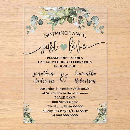 Greenery Nothing Fancy Just Love Elopement アクリル招待状 (正面)