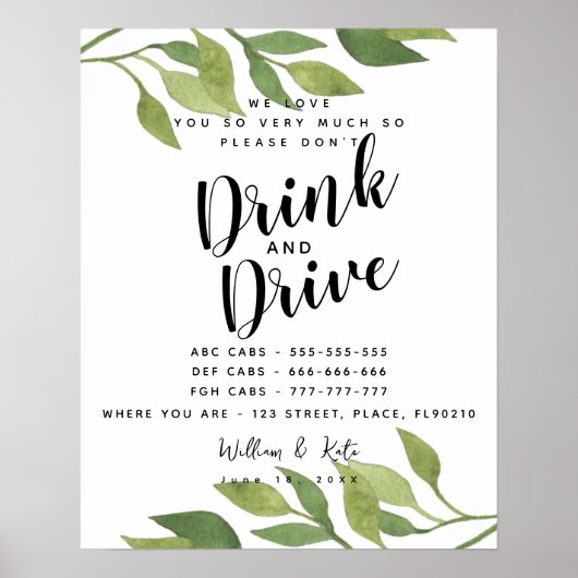 greenery party Taxis don't drink and drive sign ポスター (正面)