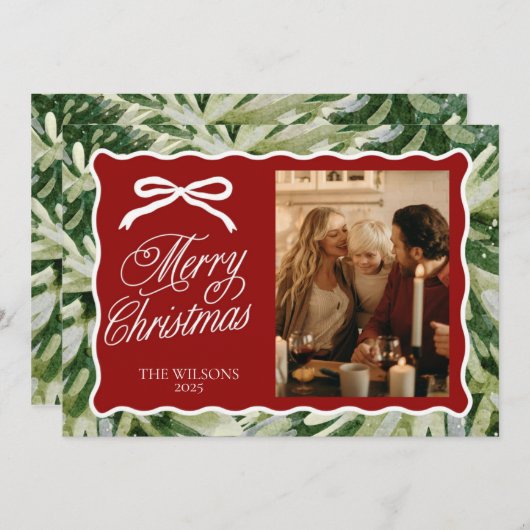 Greenery Photo Christmas Card with Bow & Scallop シーズンカード (正面/裏面)