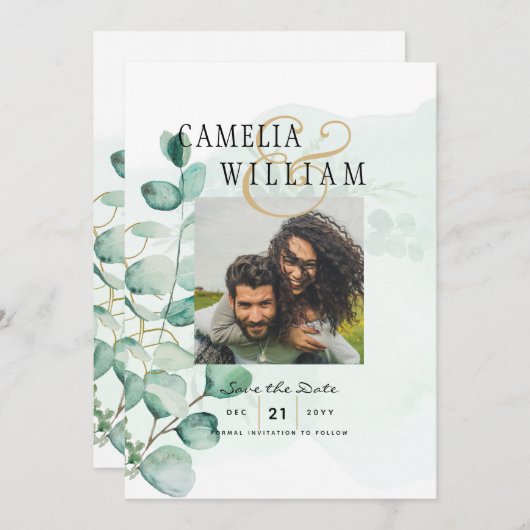 GREENERY PHOTO SAVE THE DATES Eucalyptus予算 招待状 (正面/裏面)