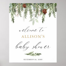 Greenery pine tree winter baby shower welcome sign ポスター