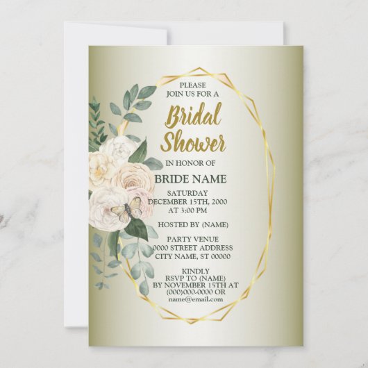 Greenery  Pink Floral Gold Geometric Bridal Shower 招待状 (正面)