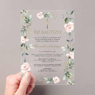 Greenery Pink Floral Spanish Mi Bautizo Baptism アクリル招待状