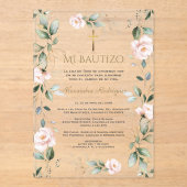 Greenery Pink Floral Spanish Mi Bautizo Baptism アクリル招待状 (正面)