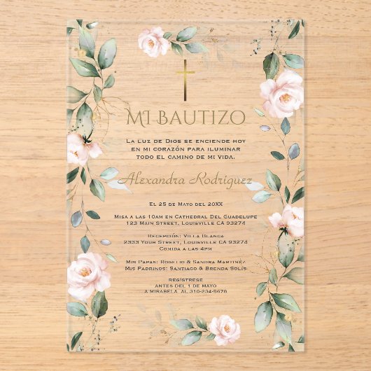 Greenery Pink Floral Spanish Mi Bautizo Baptism アクリル招待状 (正面)