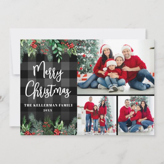 Greenery Plaid Photo Christmas シーズンカード (正面)