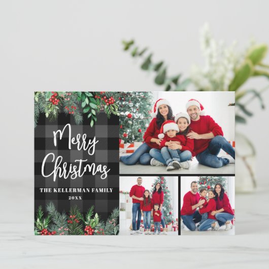 Greenery Plaid Photo Christmas シーズンカード (スタンド正面)