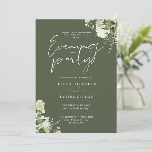 Greenery QR Code Olive Green Wedding Evening Party 招待状 (スタンド正面)