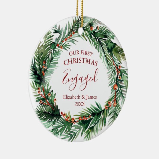 Greenery Reath私たちの最初のクリスマスの婚約写真 セラミックオーナメント (右)