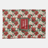 Greenery & Red Poinsettia Towel Elegant Holiday キッチンタオル (横)