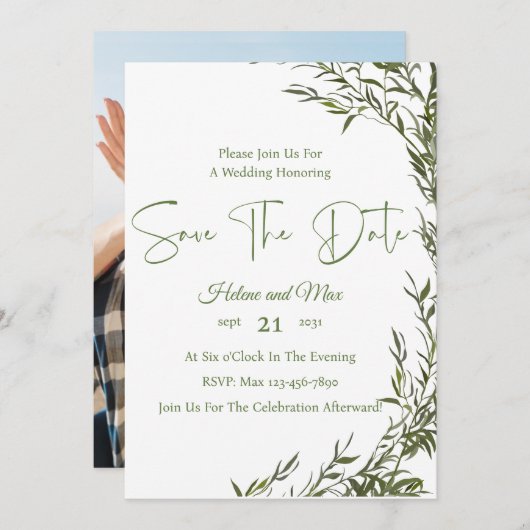 Greenery Romantic Photo Save The Date Invitation 招待状 (正面/裏面)