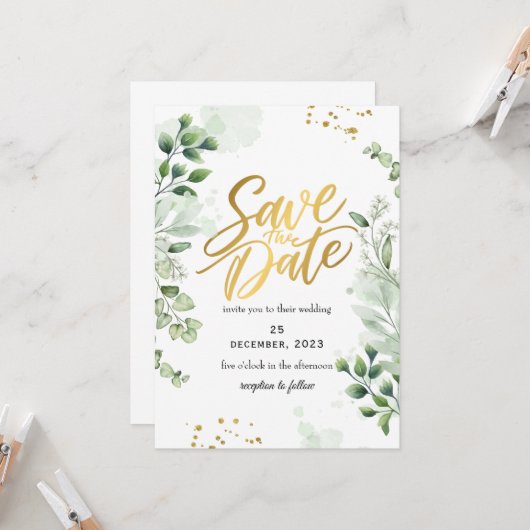 Greenery Romantic Save The Date Invitation 招待状 (正面/裏面インサイチュ)