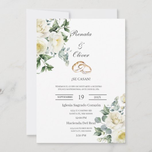 Greenery rose wedding ring Spanish Wedding 招待状 (正面)