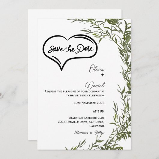 Greenery Rustic Save The Date Invitation 招待状 (正面/裏面)