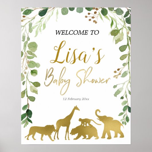 Greenery Safari Baby Shower welcome sign ポスター (正面)