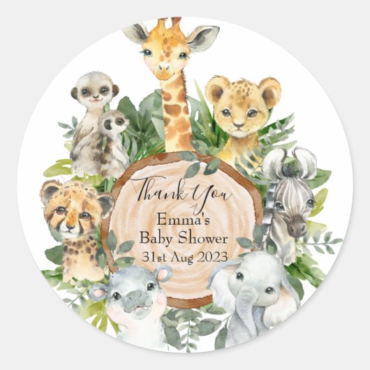 Greenery Safari Jungle Wild Animals Baby Shower ラウンドシール (正面)