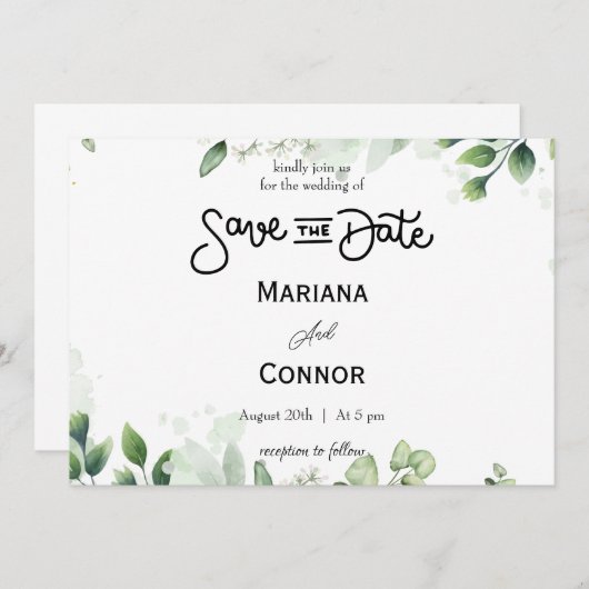 Greenery Save The Dateミニマル招待状 招待状 (正面/裏面)