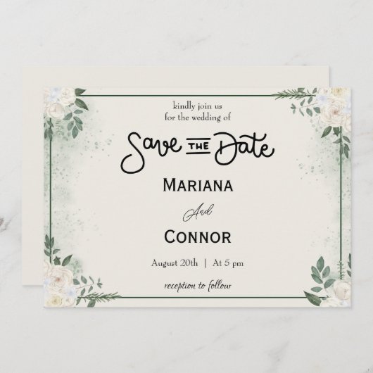 Greenery Save The Dateミニマル招待状 招待状 (正面/裏面)