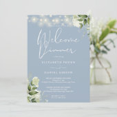 Greenery String Lights Dusty Blue Welcome Dinner 招待状 (スタンド正面)