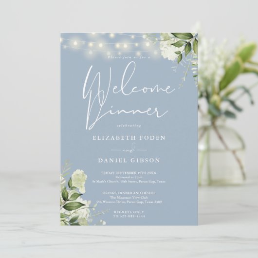 Greenery String Lights Dusty Blue Welcome Dinner 招待状 (スタンド正面)
