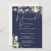 Greenery String Lights Navy Blue Rehearsal Dinner 招待状 (正面)