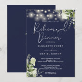 Greenery String Lights Navy Blue Rehearsal Dinner 招待状 (正面/裏面)
