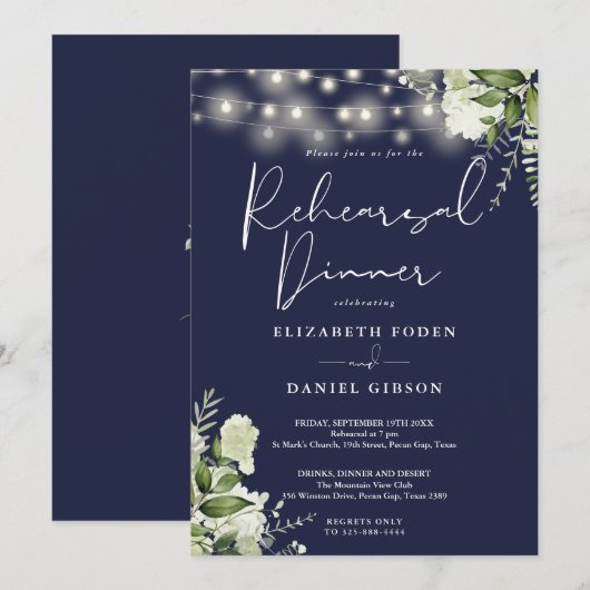 Greenery String Lights Navy Blue Rehearsal Dinner 招待状 (正面/裏面)