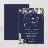 Greenery String Lights Navy Wedding Evening Party 招待状 (正面/裏面)
