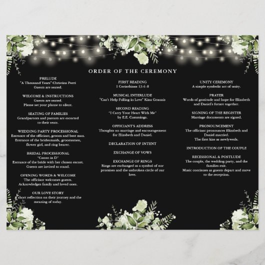 Greenery String Lights Trifold Wedding Program チラシ (裏面)