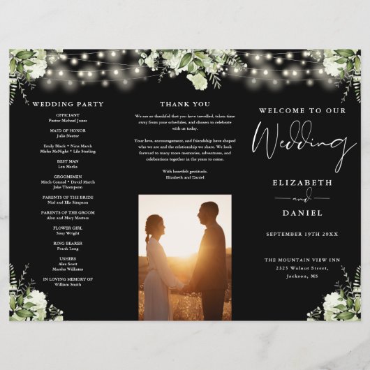 Greenery String Lights Trifold Wedding Program チラシ (正面)