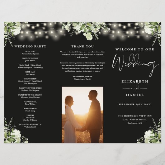 Greenery String Lights Trifold Wedding Program チラシ (正面)