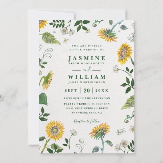 Greenery Sunflowers Rustic Elegant QR Code Wedding 招待状 (正面)