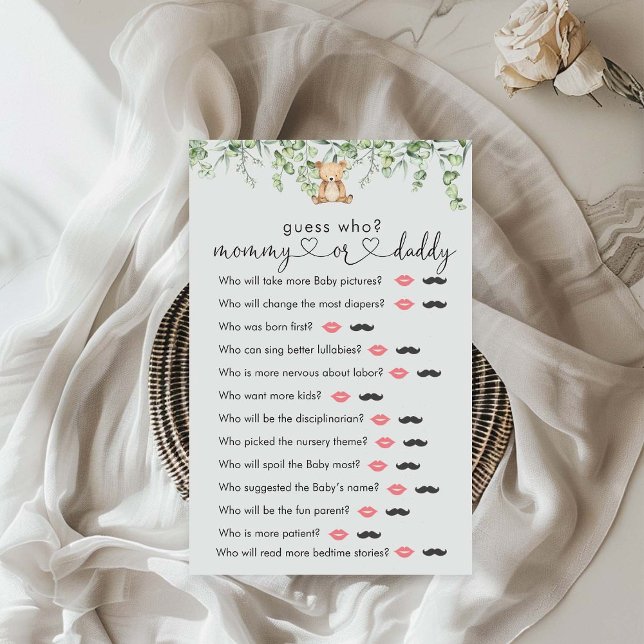 Greenery Teddy Bear Baby Shower "Guess Who"ゲーム (クリエイターアップロード済み)