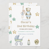 Greenery Teddy Bear with Stars Boy第2誕生日 招待状 (正面/裏面)