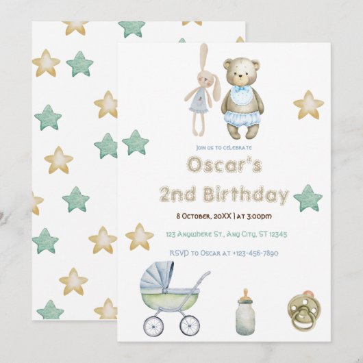 Greenery Teddy Bear with Stars Boy第2誕生日 招待状 (正面/裏面)
