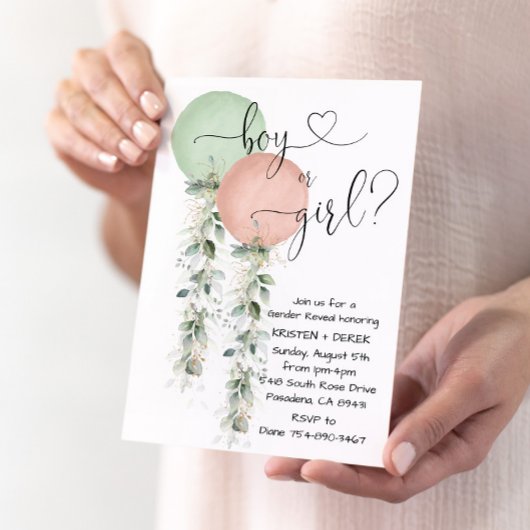 Greenery Watercolor Balloons Gender Reveal Invitat 招待状
