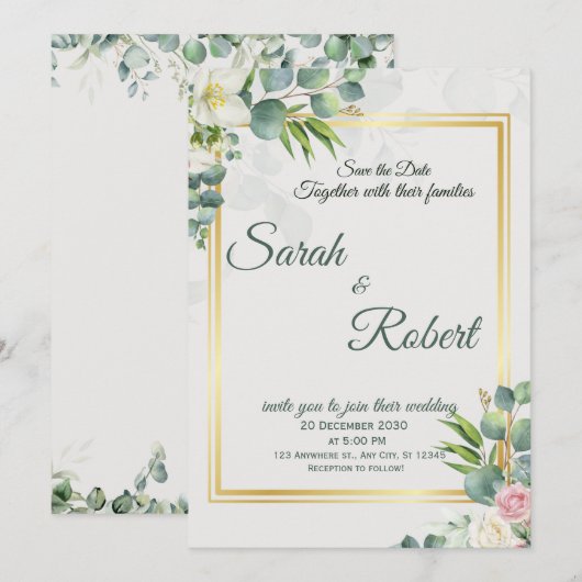 Greenery Wedding Invitation Botanical Minimalist 招待状 (正面/裏面)