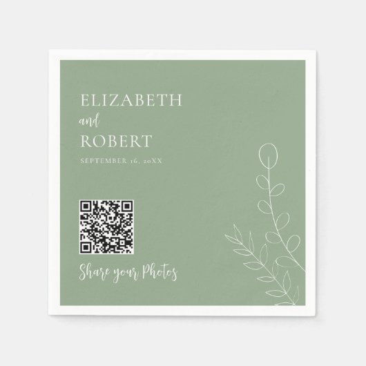 Greenery Wedding QR Share Your Photos Sage Green スタンダードカクテルナプキン (正面)