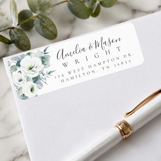 Greenery White Rose Elegant Script Return Address  ラベル